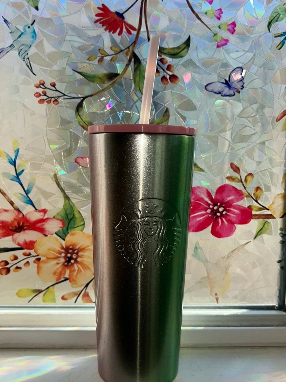 Starbucks Metallic Green Tumbler with Iridescent Pink Base